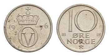 Норвегия 10 эре 1976 Улаф V (1957-1991) KM 416 медно-никель 4632-1161