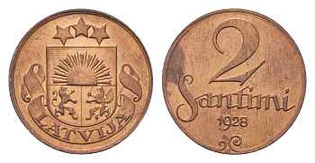 Латвия 2 сантима 1928 KM 2 бронза 4679-227