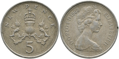 Великобритания 5 пенсов 1968 Елизавета II (1952-2022) KM 911, Spink 4233 (D1) медно-никель 65-945