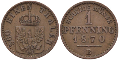 ПРУССИЯ 1 ПФЕННИГ 1870 В KM 480 медь 100-328