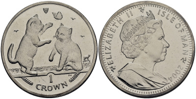 Остров Мэн 1 крона 2004 котята с бабочкой КМ 1246.2 медно-никель UNC M92-15