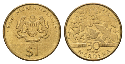 Малайзия 1 ринггит 1987 30 лет Независимости KM 43 латунь UNC 4671-1224