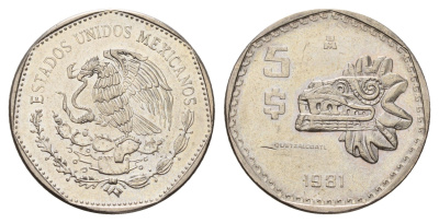 Мексика 5 песо 1981 Мо, бог Кетцалькоатцаль (пернатый змей) KM 485 медно-никель UNC 217-344