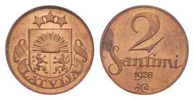 Латвия 2 сантима 1928 KM 2 бронза 4679-227
