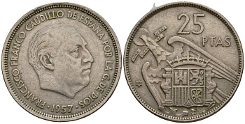 Испания 25 песет 1957 (59) KM 787 медно-никель 92-252