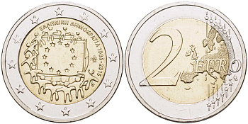 Греция 2 евро 2015 30 лет флагу Европейского союза KM 272 биметалл UNC M49-4