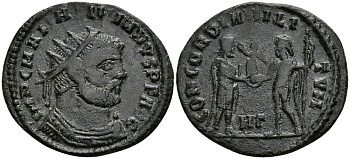Римская Империя двойной денарий 295 - 296 Максимиан Геркулий CONCORDIA MILITVM Гераклея Good Very fine RIC 14 бронза 1073-3-7-4