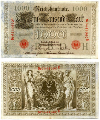 Германия 1000 марок 1910 21 апреля 1910, Буква H, номер семизначный, серия Е, выпуск (05-09.1921) Pick 44, Розенберг 45с бумага 8618-15-1-1