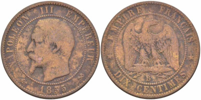Франция 10 сантимов 1855 B, Наполеон III (1852-1870) KM 771.2, Le Franc 133.21 бронза  4680-522