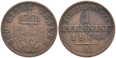 ПРУССИЯ 1 ПФЕННИГ 1864 А, ВИЛЬГЕЛЬМ I (1861-1888) KM 480 медь 201-539