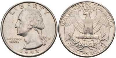 США 25 центов (квотер) 1992 D, Вашингтон KM A164a медь плакированная медно-никелем 181-522