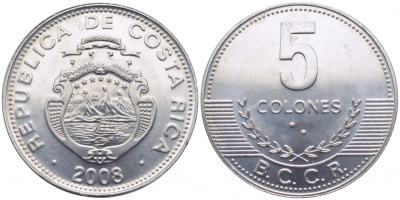 Коста-Рика 5 колонов 2008  KM 227b алюминий  UNC   M49-14