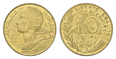 Франция 10 сантимов 1980 KM 929 алюминиевая бронза 4674-612