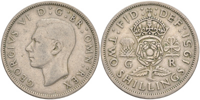 Великобритания 2 шиллинга (флорин) 1951 Георг VI (1936-1952) KM 878, Spink 4107 медно-никель 189-626