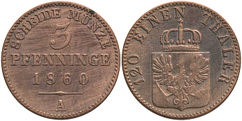 ПРУССИЯ 3 ПФЕННИГА 1860 А, ФРИДРИХ ВИЛЬГЕЛЬМ IV (1840-1861) KM 453 медь 117-423