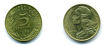 ФРАНЦИЯ 5 САНТИМОВ 1968 ТИП MARIANNE KM 933, LE FRANC 125.4 алюминиевая бронза 3999-616