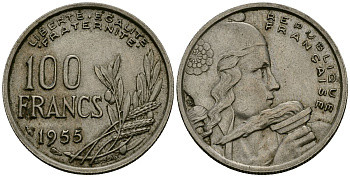 Франция 100 франков 1955 KM 919.1 медно-никель 4575-727