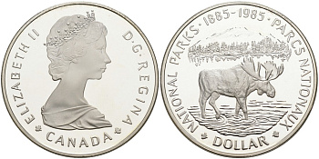 Канада 1 доллар 1985 100 лет национальному парку (1885-1985), лось KM 143 серебро PROOF 1095-4-43