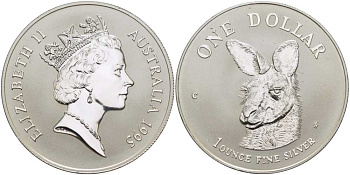 Австралия 1 доллар 1995 кенгуру смотрит влево KM 293.1 серебро  UNC  1078-2-42