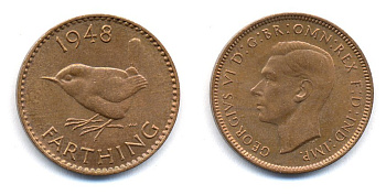 Великобритания 1 фартинг 1948 Георг VI (1936-1952) KM 843, Spink 4116 бронза 35-335
