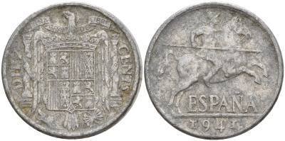 Испания 10 сентимо 1941 Франсиско Франко (1939 - 1975) KM 766 алюминий 4155-215