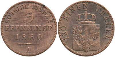 ПРУССИЯ 3 ПФЕННИГА 1860 А, ФРИДРИХ ВИЛЬГЕЛЬМ IV (1840-1861) KM 453 медь 117-423