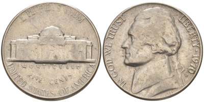 США 5 ЦЕНТОВ 1970 D, ДЖЕФФЕРСОН KM A192 медно-никель 63-725
