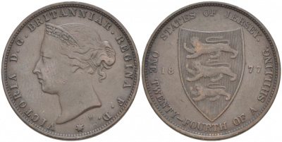 Джерси 1/24 шиллинга 1877 H, Виктория (1837-1901) KM 7 бронза 4539-924