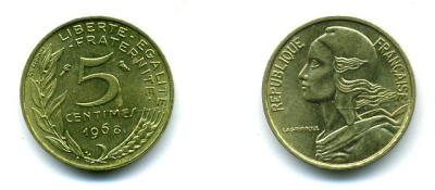 ФРАНЦИЯ 5 САНТИМОВ 1968 ТИП MARIANNE KM 933, LE FRANC 125.4 алюминиевая бронза 3999-616