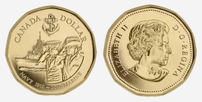 Канада 1 доллар 2010 100 лет королевскому флоту Канады KM 995 никель плакированный бронзой UNC M45-17