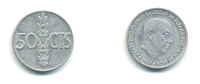 Испания 50 сентимо 1966 (68) Франсиско Франко (1939-1975) KM 795 алюминий 80-1136