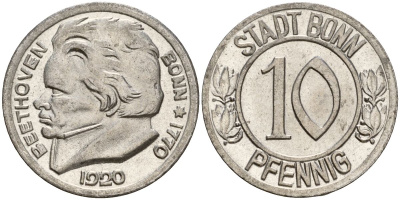 Германия, Бонн 10 пфеннигов 1920 Бетховен, Северный Рейн-Вестфалия, нотгельд Funck 51.1A железо 08-946