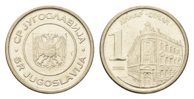 Югославия 1 динар 2002 KM 180 медь цинк никель UNC 4659-815