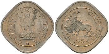 Индия 1/2 анна 1954 KM 2.2 медно-никель UNC 33-1211