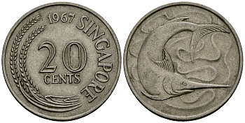Сингапур 20 центов 1967 голубой марлин, тунец KM 4 медно-никель 4138-532