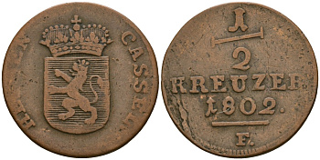 Гессен-Кассель 1/2 крейцера 1802 Вильгельм IX (1785-1803) KM 551 медь 46-219