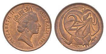 Австралия 2 цента 1989 Елизавета II (1952-2022), плащеносная ящерица KM 79 бронза 4655-1252