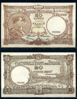 Бельгия 20 франков 1947 17.05.1947, Король Альберт I и его жена Королева Елизавета, Гран-Плас / Гроте Маркт, Брюссель Pick 111 (3) бумага 6301-20-3-2