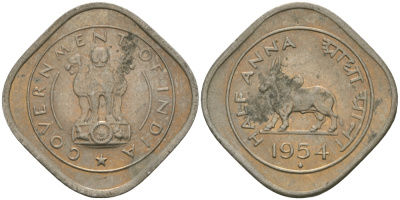 Индия 1/2 анна 1954 KM 2.2 медно-никель UNC 33-1211