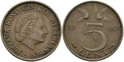 НИДЕРЛАНДЫ 5 ЦЕНТОВ 1960 ЮЛИАНА KM 181 бронза 95-342