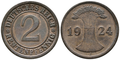 ГЕРМАНИЯ 2 РЕНТЕНПФЕННИГА 1924 J KM 31, J. 307 бронза 24-634