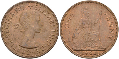 Великобритания 1 пенни 1962 Елизавета II (1952-2022) KM 897, Spink 4157 бронза 4117-1236