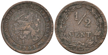 Нидерланды 1/2 цента 1903 Вильгельмина (1890-1948) KM 133 бронза 4576-323