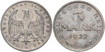 Германия 3 марки 1922 Е, третья годовщина Веймарской Конституции KM 29, J.303 алюминий UNC 4574-815