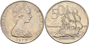 Новая Зеландия 50 центов 1977 Елизавета II (1952-2022), парусник Индевор KM 37.1 медно-никель 4131-1221