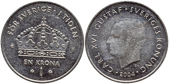 Швеция 1 крона 2004 Карл XVI Густав (1973- ) KM 894 медно-никель 261-442