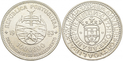 Португалия 1000 эскудо 1983 XVII выставка европейского искусства KM 622 серебро  UNC  4537-1133