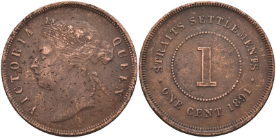 Стрейтс-Сетлментс 1 цент 1891 Виктория (1837-1901), Ост-Индская компания KM 16 бронза 4590-445