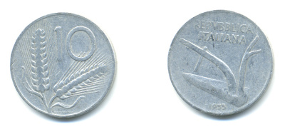 ИТАЛИЯ 10 ЛИР 1955 R, КОЛОСЬЯ, ПЛУГ KM 93 алюминий 3999-1246