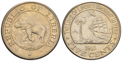 Либерия 5 центов 1961  KM 14 медно-никель  aUNC  220-1242